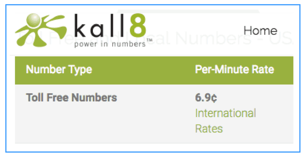 Kall8 usa 800 number pricing